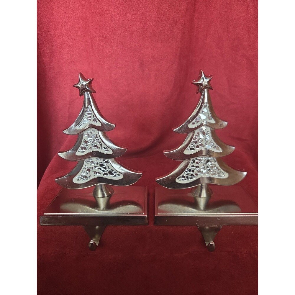 Vintage Metal Mirrored Christmas Tree Stocking Hanger Holder Mantle Decor